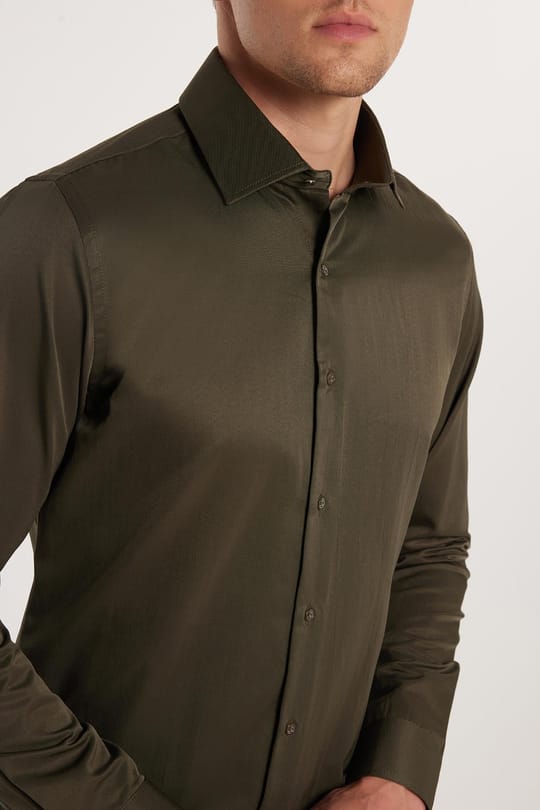 Erkek Slim Fit Dar Kesim Pamuklu Haki Gömlek
