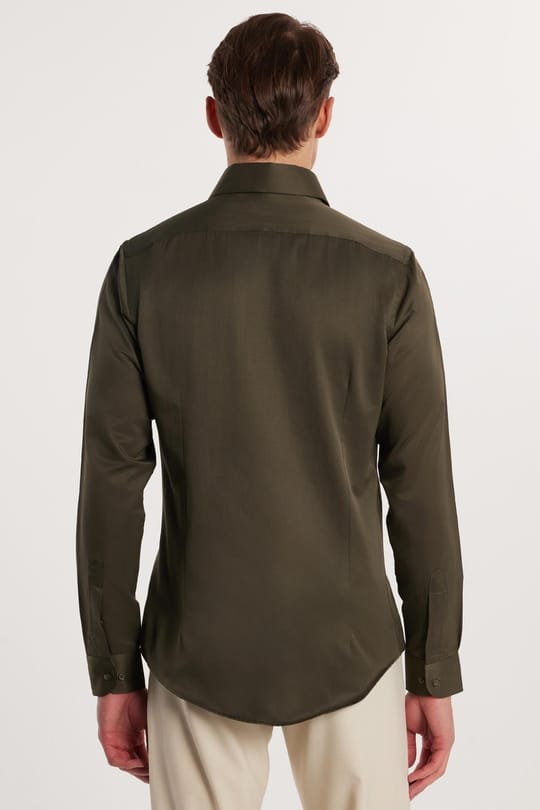 Erkek Slim Fit Dar Kesim Pamuklu Haki Gömlek