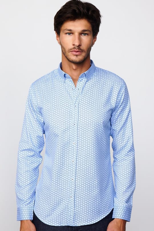 Slim Fit Uzun Kollu Düğmeli Yaka Pamuklu Kolay Ütü Desenli Erkek Gömlek