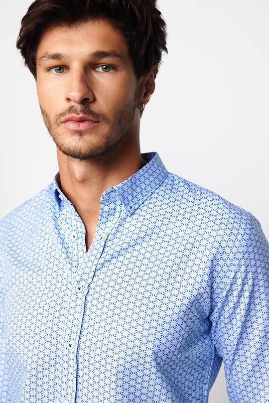 Slim Fit Uzun Kollu Düğmeli Yaka Pamuklu Kolay Ütü Desenli Erkek Gömlek