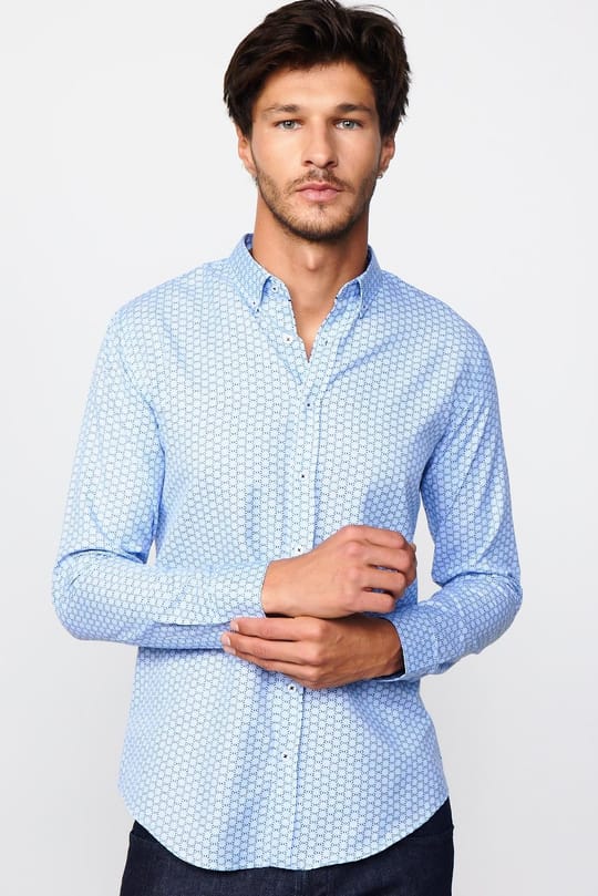 Slim Fit Pamuklu Kolay Ütü Desenli Mavi Erkek Gömlek