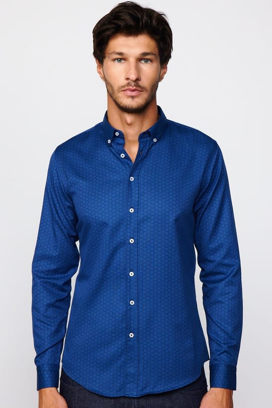 Slim Fit Uzun Kollu Düğmeli Yaka Pamuklu Kolay Ütü Desenli Erkek Gömlek