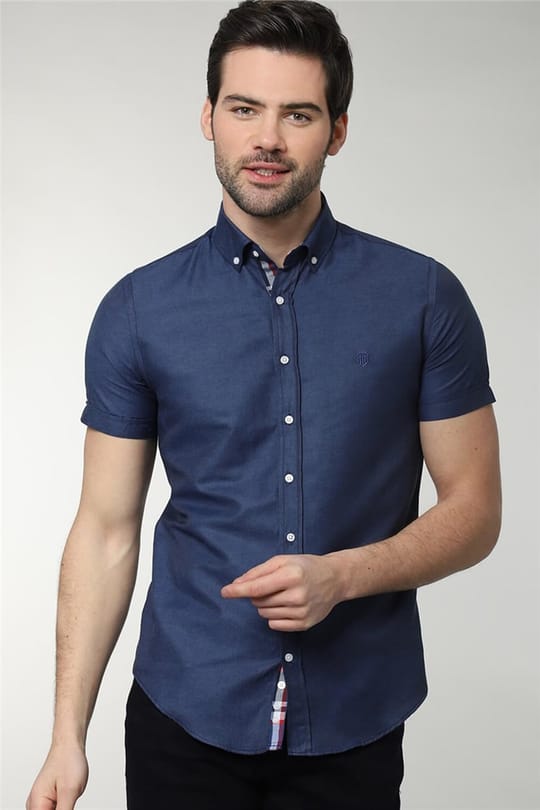 Slim Fit Dar Kesim Kısa Kol Poplin Oxford Erkek Gömlek