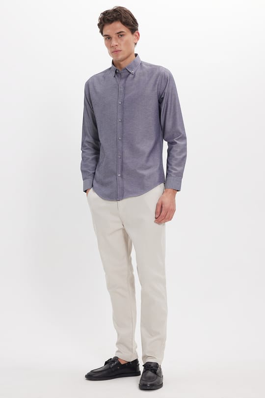 Slim Fit Uzun Kollu Düğmeli Yaka Pamuklu Kolay Ütü Düz Erkek Gömlek