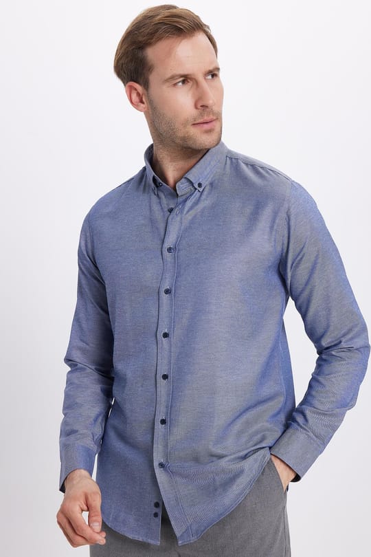 Slim Fit Uzun Kollu Düğmeli Yaka Pamuklu Kolay Ütü Düz Erkek Gömlek