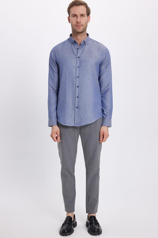 Slim Fit Uzun Kollu Düğmeli Yaka Pamuklu Kolay Ütü Düz Erkek Gömlek