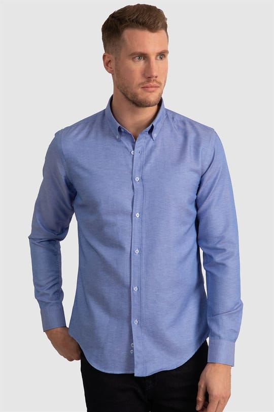 Slim Fit Uzun Kollu Düğmeli Yaka Pamuklu Kolay Ütü Düz Erkek Gömlek