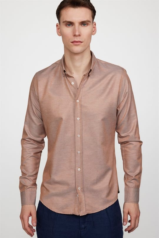 Slim Fit Uzun Kollu Düğmeli Yaka Pamuklu Kolay Ütü Düz Erkek Gömlek