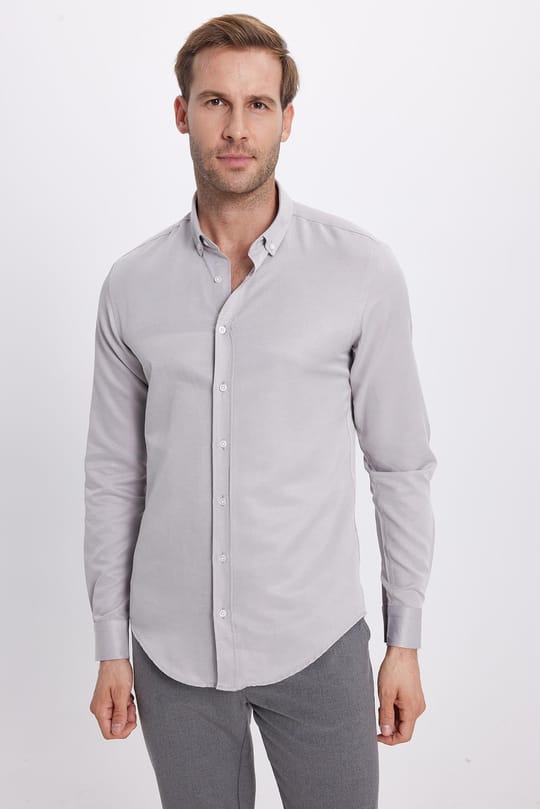 Erkek Slim Fit Dar Kesim Pamuklu Kolay Ütü Gri Düğmeli Yaka Gömlek