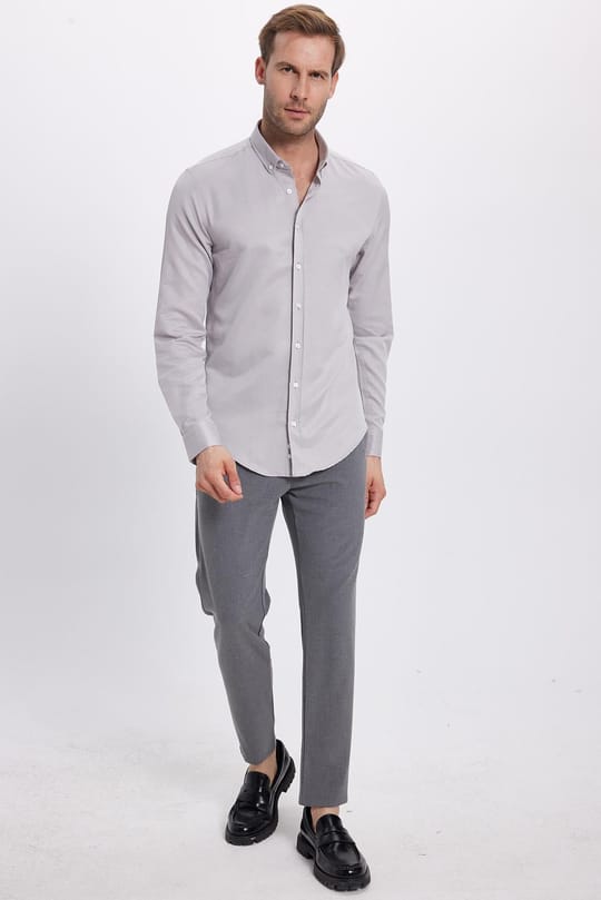Erkek Slim Fit Dar Kesim Pamuklu Kolay Ütü Gri Düğmeli Yaka Gömlek