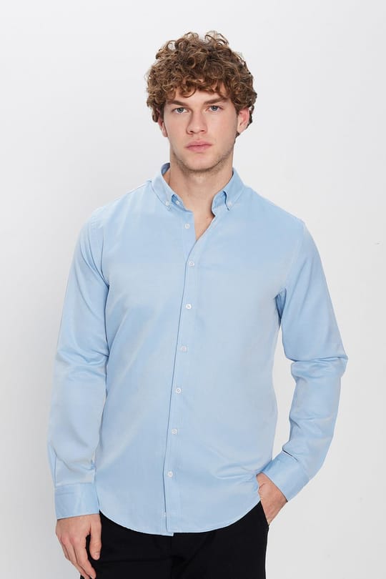 Slim Fit Düğmeli Yaka Pamuklu Kolay Ütü Düz Erkek Gömlek