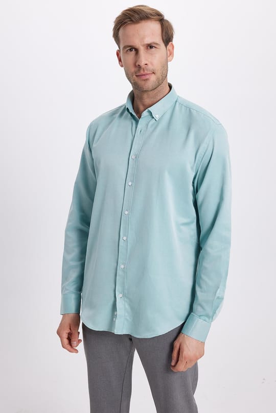 Erkek Slim Fit Dar Kesim Pamuklu Kolay Ütü Yeşil Düğmeli Yaka Gömlek