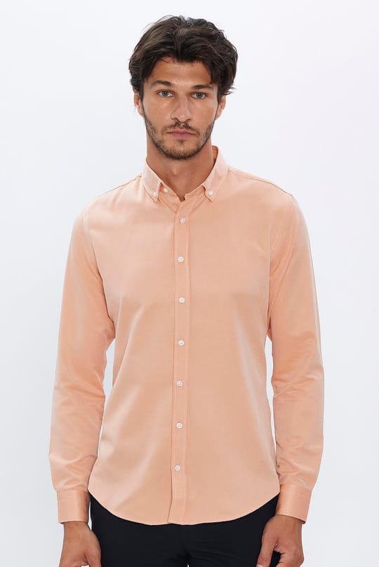 Erkek Slim Fit Dar Kesim Pamuklu Kolay Ütü Turuncu Düğmeli Yaka Gömlek