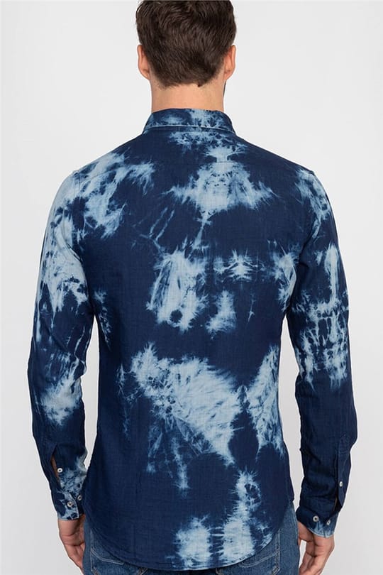Slim Fit Uzun Kollu Dar Kesim Desenli Denim Kot Erkek Lacivert Gömlek