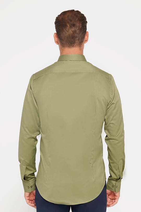 Slim Fit Uzun Kollu Likralı Düz Pamuk Saten Erkek Yeşil Gömlek