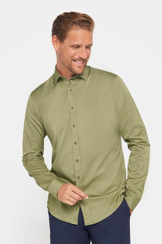Slim Fit Uzun Kollu Likralı Düz Pamuk Saten Erkek Yeşil Gömlek