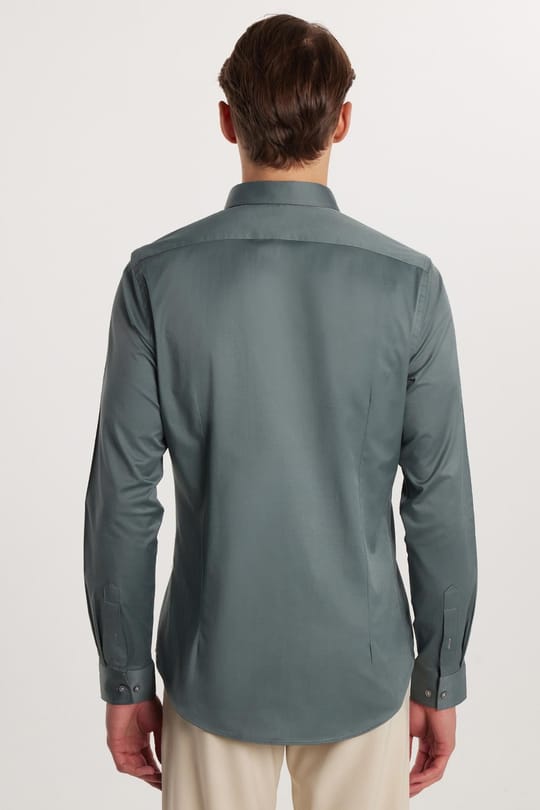 Slim Fit Uzun Kollu Likralı Düz Pamuk Saten Erkek Yeşil Gömlek