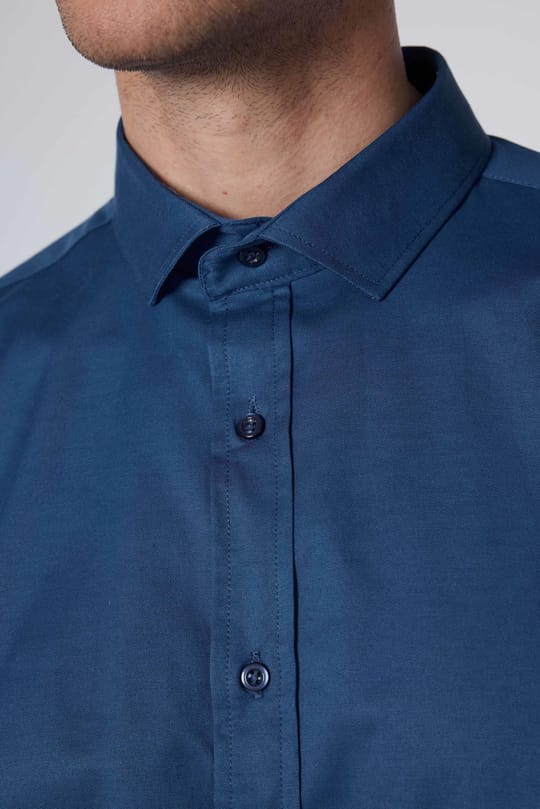 Slim Fit Uzun Kollu Likralı Düz Pamuk Saten Erkek Mavi Gömlek