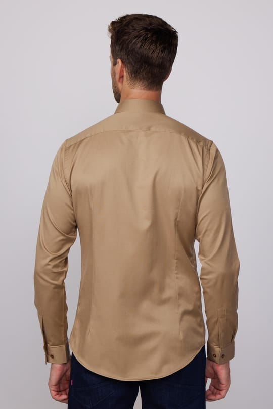 Slim Fit Uzun Kollu Likralı Düz Pamuk Saten Erkek Kahve Gömlek