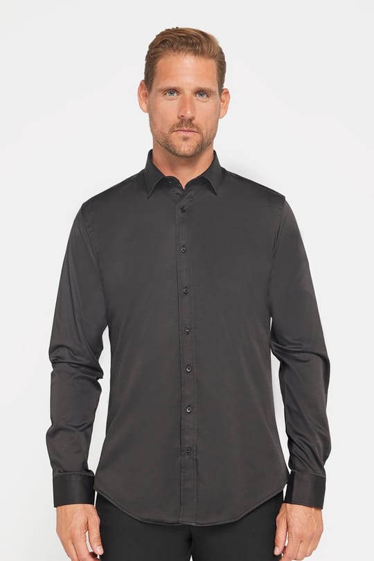 Slim Fit Uzun Kollu Likralı Düz Pamuk Saten Erkek Siyah Gömlek