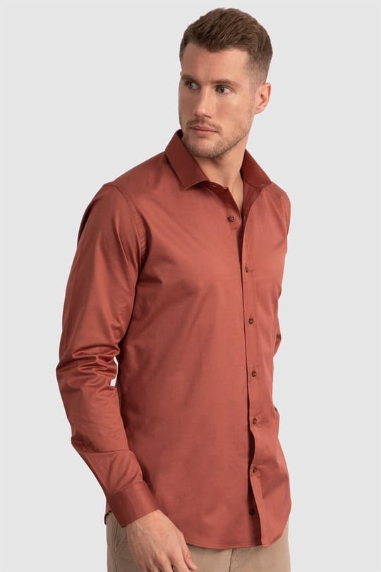 Slim Fit Uzun Kollu Likralı Düz Pamuk Saten Erkek Bordo Gömlek