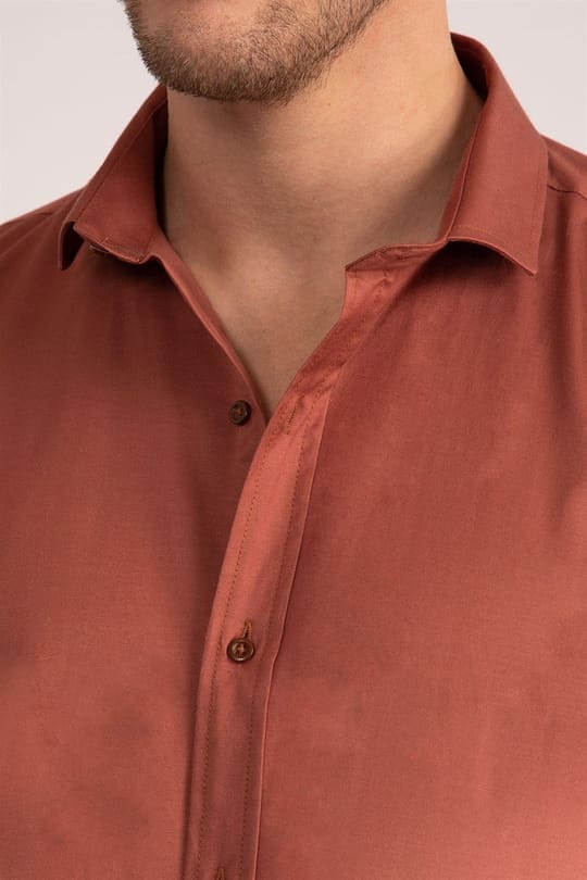 Slim Fit Uzun Kollu Likralı Düz Pamuk Saten Erkek Bordo Gömlek