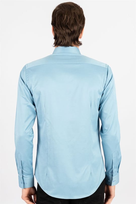 Slim Fit Uzun Kollu Likralı Düz Pamuk Saten Erkek Mavi Gömlek
