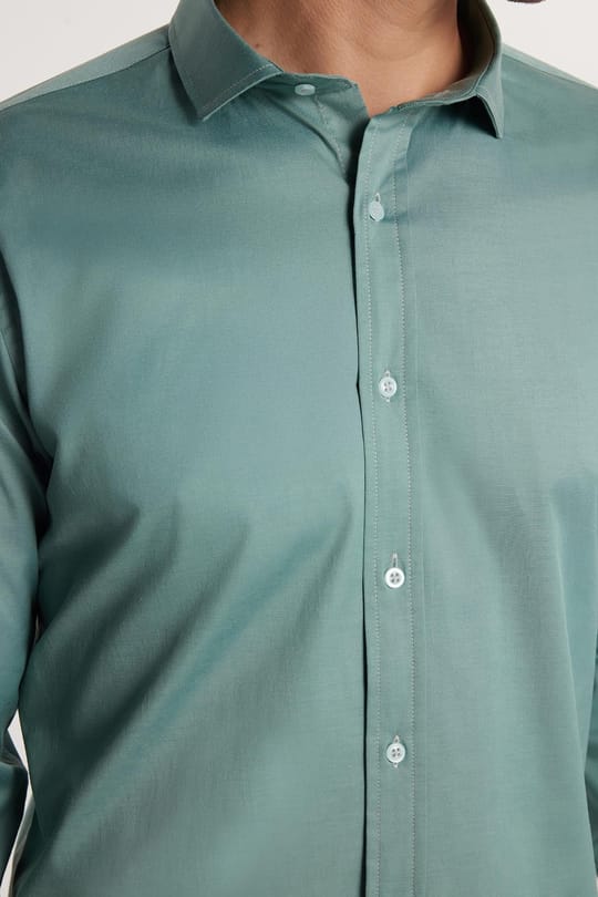 Slim Fit Uzun Kollu Likralı Düz Pamuk Saten Erkek Yeşil Gömlek