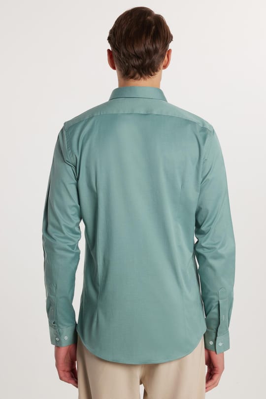Slim Fit Uzun Kollu Likralı Düz Pamuk Saten Erkek Yeşil Gömlek