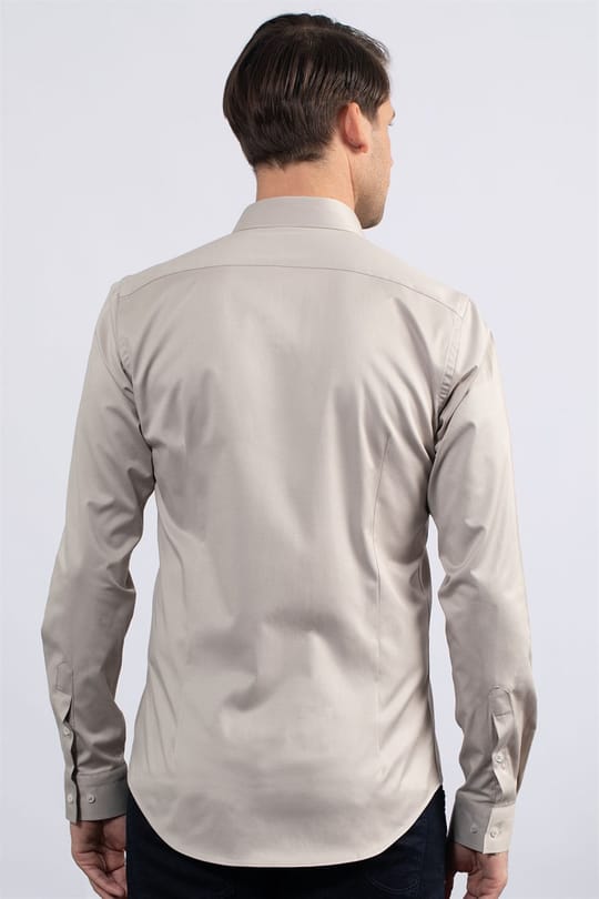 Slim Fit Uzun Kollu Likralı Düz Pamuk Saten Erkek Krem Gömlek