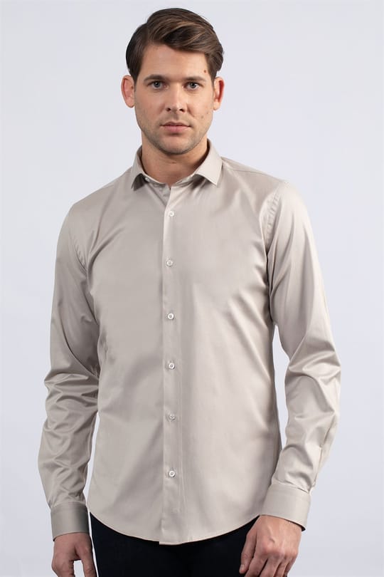Slim Fit Uzun Kollu Likralı Düz Pamuk Saten Erkek Krem Gömlek