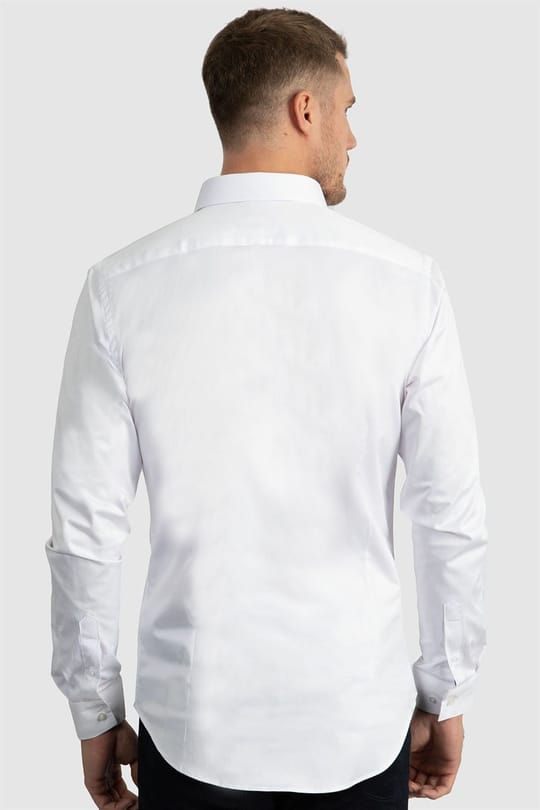 Slim Fit Uzun Kollu Likralı Düz Pamuk Saten Erkek Beyaz Gömlek