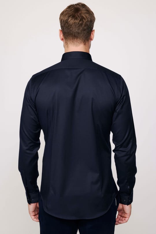Slim Fit Uzun Kollu Likralı Düz Pamuk Saten Lacivert Erkek Gömlek