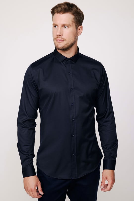 Slim Fit Uzun Kollu Likralı Düz Pamuk Saten Lacivert Erkek Gömlek