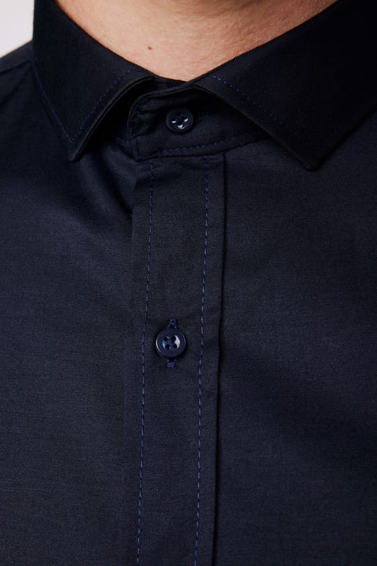 Slim Fit Uzun Kollu Likralı Düz Pamuk Saten Lacivert Erkek Gömlek