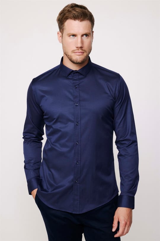Slim Fit Uzun Kollu Likralı Düz Pamuk Saten Erkek Lacivert Gömlek