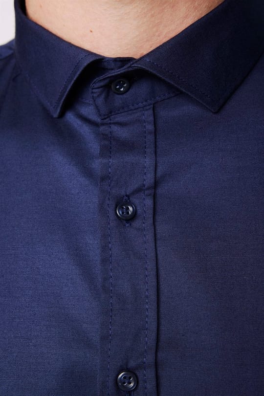 Slim Fit Uzun Kollu Likralı Düz Pamuk Saten Erkek Lacivert Gömlek