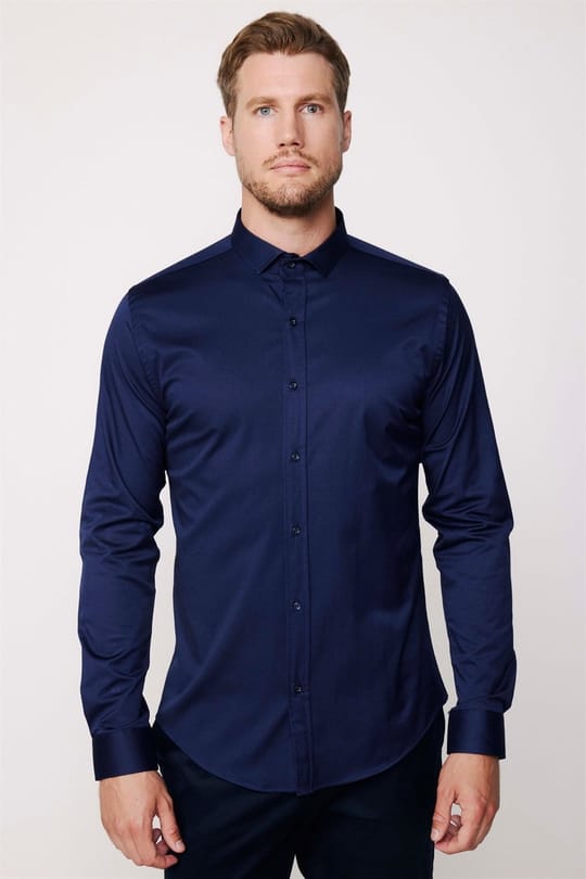 Slim Fit Uzun Kollu Likralı Düz Pamuk Saten Erkek Lacivert Gömlek
