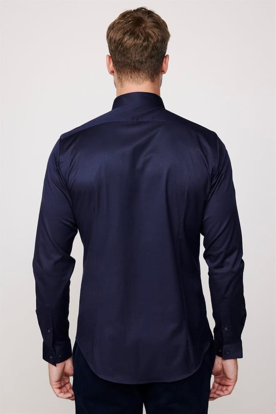 Slim Fit Uzun Kollu Likralı Düz Pamuk Saten Erkek Lacivert Gömlek