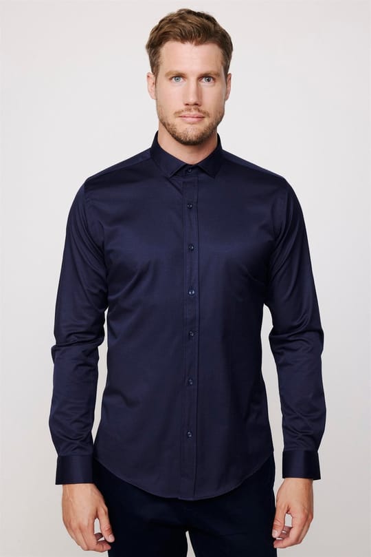 Slim Fit Uzun Kollu Likralı Düz Pamuk Saten Erkek Lacivert Gömlek