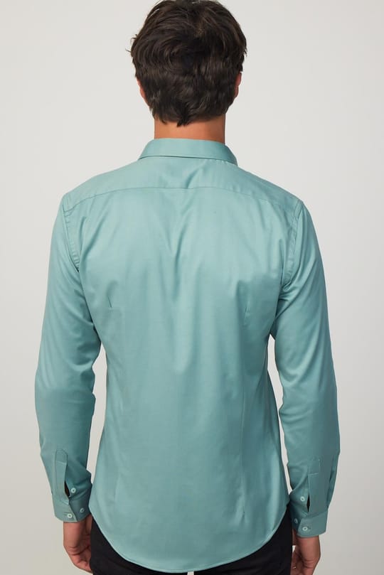 Slim Fit Uzun Kollu Likralı Düz Pamuk Saten Yeşil Erkek Gömlek