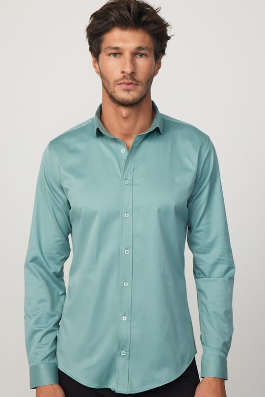 Slim Fit Uzun Kollu Likralı Düz Pamuk Saten Yeşil Erkek Gömlek