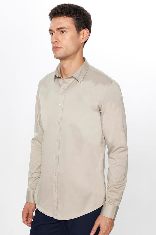 Erkek Slim Fit Dar Kesim Uzun Kollu Pamuklu Saten Taş Renk Gömlek