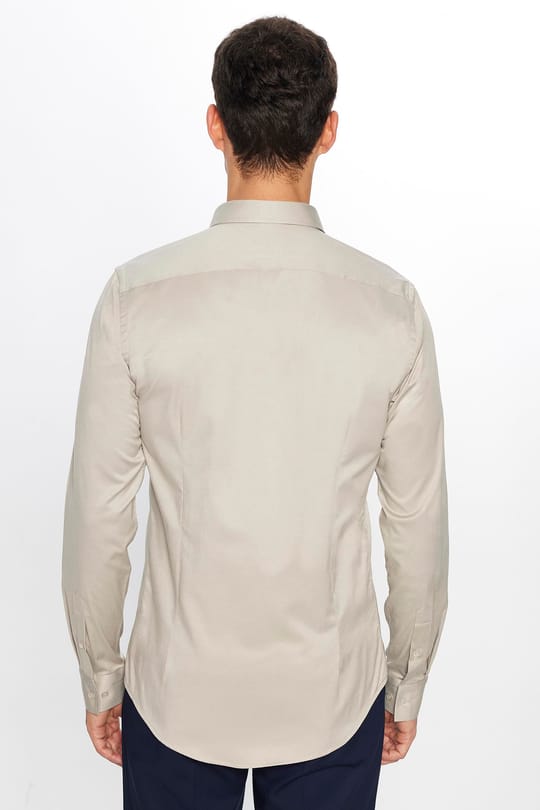 Erkek Slim Fit Dar Kesim Uzun Kollu Pamuklu Saten Taş Renk Gömlek