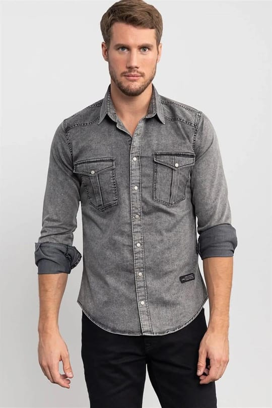 Slim Fit Uzun Kollu Dar Kesim Gündelik Denim Kot Erkek Gri Gömlek