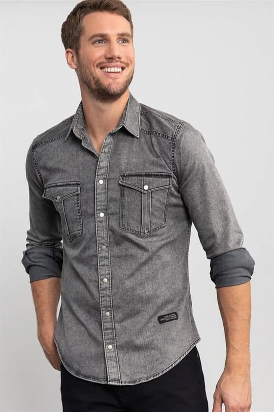 Slim Fit Uzun Kollu Dar Kesim Gündelik Denim Kot Erkek Gri Gömlek