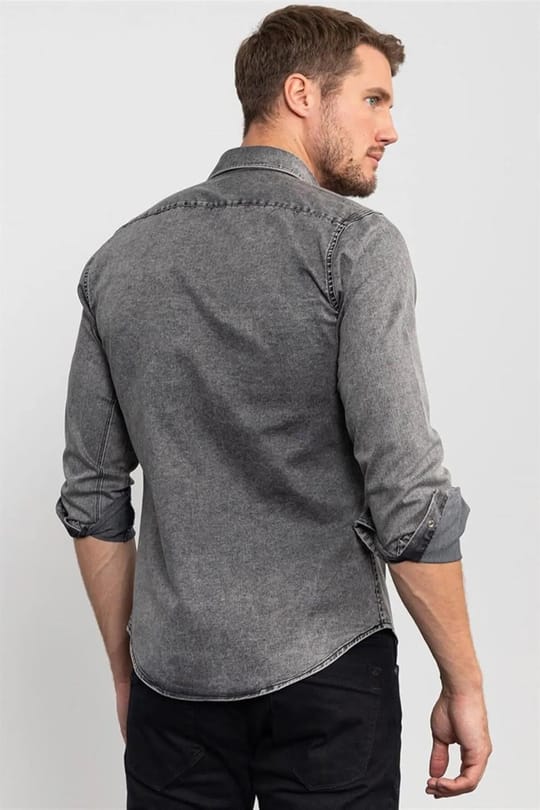 Slim Fit Uzun Kollu Dar Kesim Gündelik Denim Kot Erkek Gri Gömlek