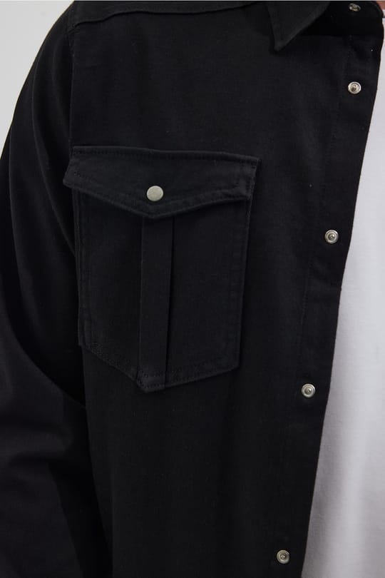 Slim Fit Uzun Kollu Dar Kesim Denim Kot Çift Cepli Spor Yaka Erkek Siyah Gömlek