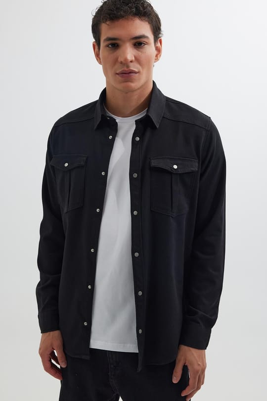 Slim Fit Uzun Kollu Dar Kesim Denim Kot Çift Cepli Spor Yaka Erkek Siyah Gömlek