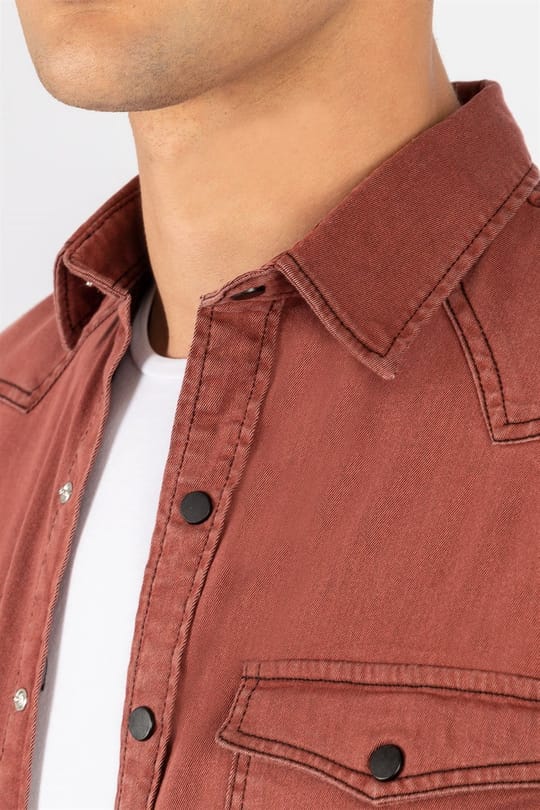 Slim Fit Uzun Kollu Gündelik Denim Kot Erkek Bordo Gömlek